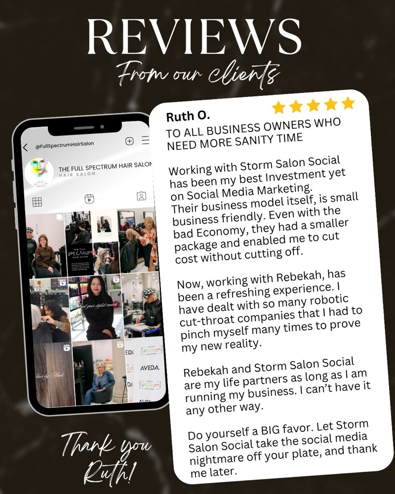 Five-star review from Ruth O. of Full Spectrum Hair Salon